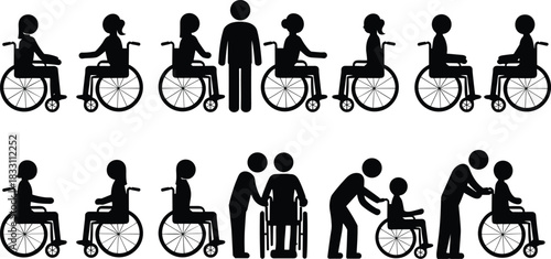 Disabled people silhouettes set, men and women in wheelchairs, social interaction and assistance scenes, black vector figures isolated on white background