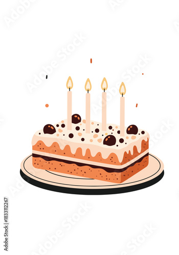 Vibrant birthday cake on a round plate featuring three layered sponge with creamy frosting and chocolate drizzle topped by sprinkles and four lit candles.