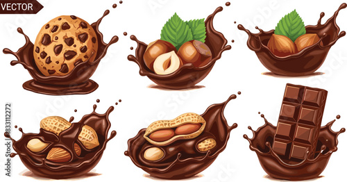Chocolate splashes with cookie nuts and chocolate bar hazelnut