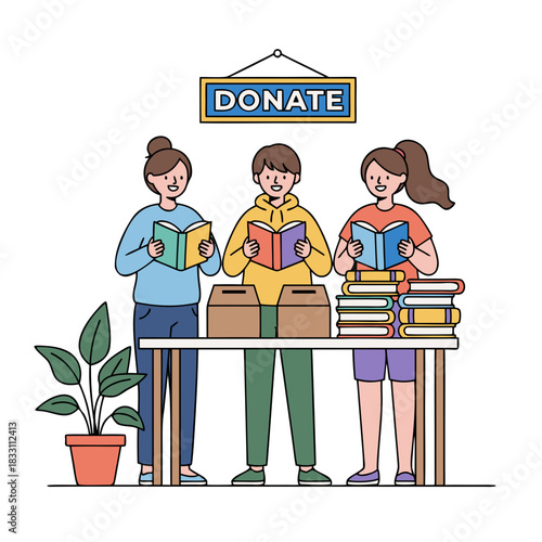 Three Diverse People Reading Books at a Donation Table with a Plant and Stacked Books Nearby