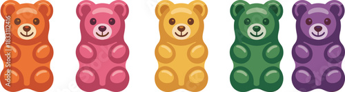 Five brightly colored, translucent gummy bear candies in a horizontal row—orange, pink, yellow, green, and purple—representing sweet treats, sugary snacks, delicious childhood memories, confectionary,