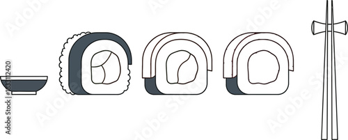 Assortment of sushi rolls with chopsticks and a small bowl on a white background