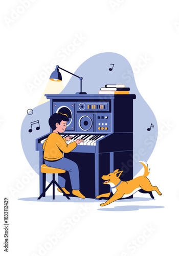 Young boy plays a piano while a playful dog watches in a cozy music room filled with instruments and warm light while notes drift around the room.
