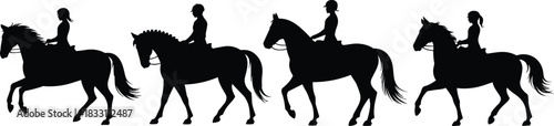 Four distinct black vector silhouettes of female riders in helmets astride powerful horses, showcasing different gaits and styles for equestrian sports, horsemanship, training, dressage, and graceful 