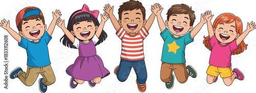 Happy cartoon illustration of five diverse elementary school-aged children joyfully jumping together with hands raised, laughing, celebrating friendship, freedom, energy, and success, perfect for educ