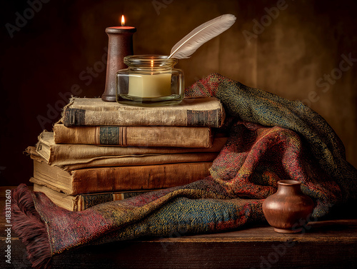 Antique books and quill pen evoke a sense of old world scholarship and literary pursuits
