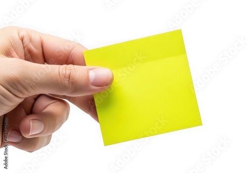 A persons hand holds up a bright yellow square sticky note, ideal for writing important information, isolated on transparent background