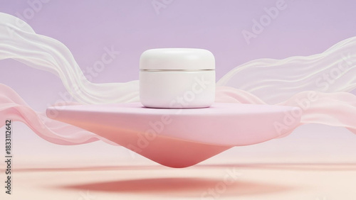 White cosmetic jar on pink pedestal with flowing fabric in pastel background