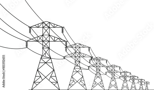 High voltage electricity pylon line art, black transmission tower vector, perspective view power grid, industrial energy distribution, isolated on white background