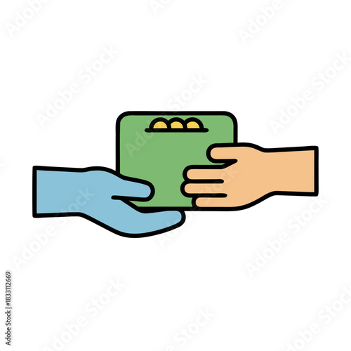 Hand wearing blue glove passing green box with gold coins on top to an open palm in a flat design illustration conveying delivery and transaction concepts