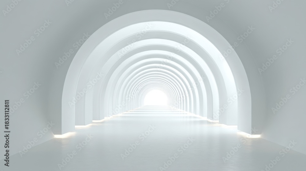 Naklejka premium Ultra modern architectural space with concentric arches forming a tunnel corridor leading to bright light,