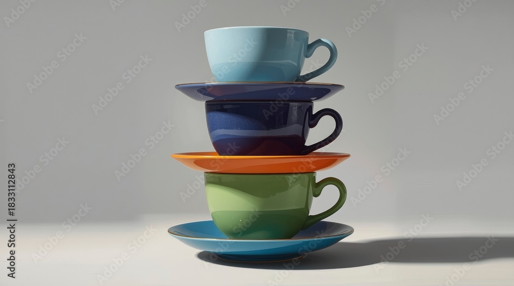 Fototapeta premium Stack of four colorful cups and saucers