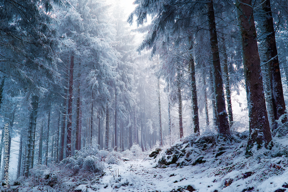 Naklejka premium snow covered pine forest path in winter with bright light
