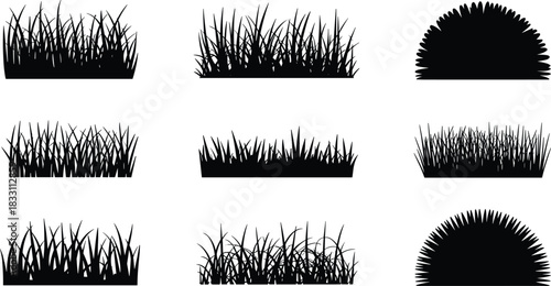 Large vector silhouette set of nine distinct natural grass patches and shrub borders, featuring various shapes, densities, and wild tufts, ideal for natural backgrounds, landscape design, gardening, a