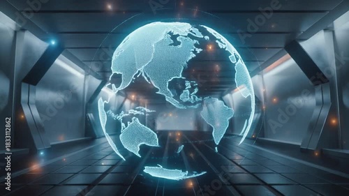 Futuristic Glowing Globe Hologram Displayed in a Sleek, Modern Sci-Fi Corridor