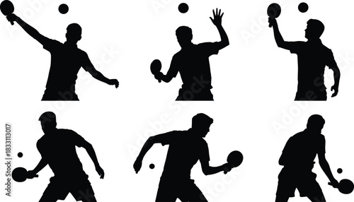 Set of black silhouettes of table tennis players hitting ball with racket, active sport men vector illustration collection isolated on white background.