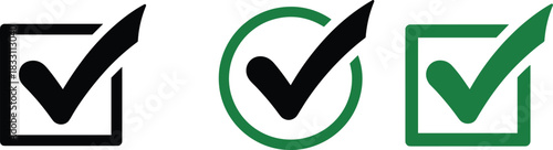 Set of check mark vector icons, green and black tick symbols in boxes and circles, correct approval signs isolated on white.