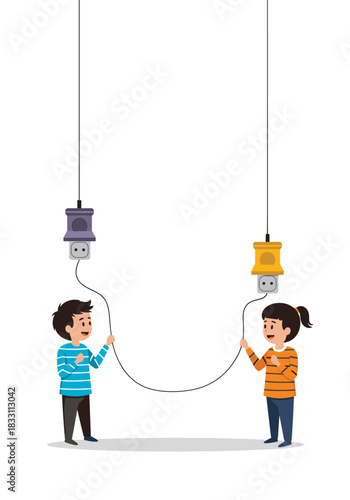 Two children stand facing each other holding a long cord that links two hanging electrical sockets overhead as they smile and play with a shared pretend power connection.