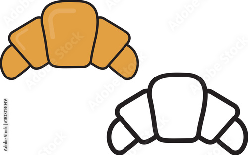 Vector illustration of croissants in colored and outline styles. Ideal for bakery branding, breakfast icons, food blogs, coloring pages, and culinary-themed design comparisons or educational visuals.