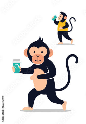 Two playful cartoon monkeys sip beverages as they stroll together with one big foreground monkey holding a cup and a smaller monkey drinking in the background.