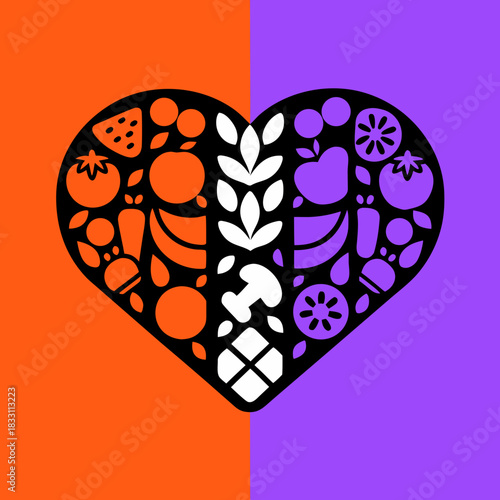 Heart shape filled with fruits vegetables and grains