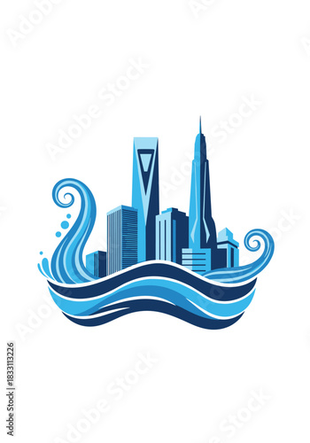 Blue glass skyline rises above stylized waves blending urban geometry with ocean rhythm in a bold graphic composition conveying modern city energy and movement.