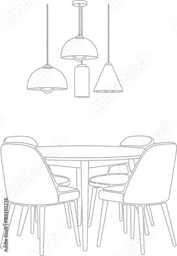 Minimalist dining room setup with round table and pendant lights illustration