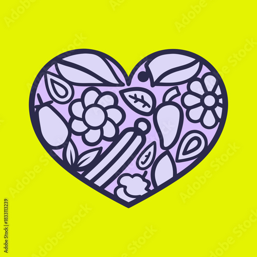 Heart shape filled with stylized fruits and vegetables