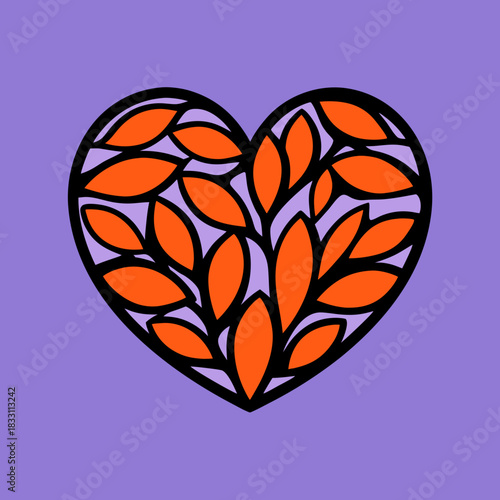 Heart shape filled with orange leaves and black outlines
