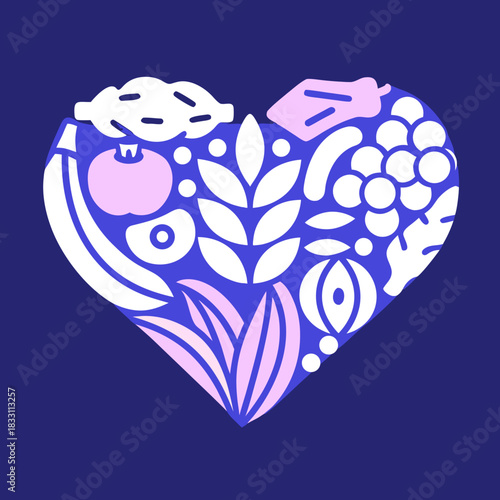 Heart shape filled with stylized fruits vegetables and grains