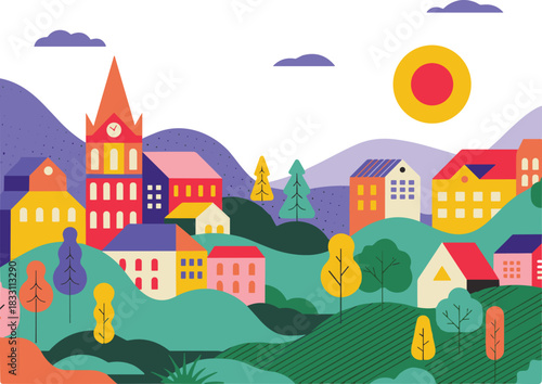 Colorful whimsical village with clock tower, hills, trees, and sun — cheerful stylized townscape for decor, education, and design
