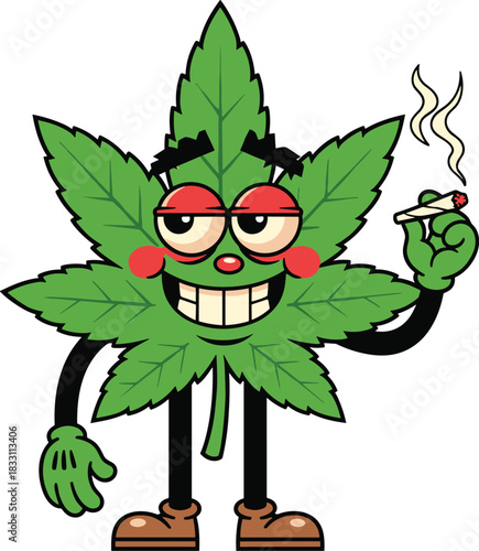 Cartoon marijuana leaf character smoking a joint with red eyes and smiling cannabis