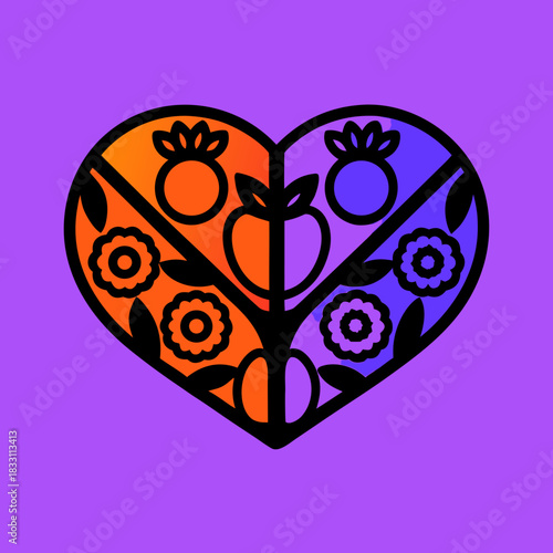 Heart shape with fruit and flower patterns orange