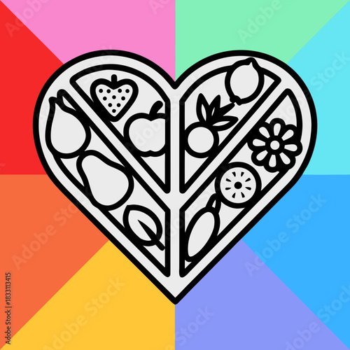 Heart shape with fruits and vegetables on colorful background