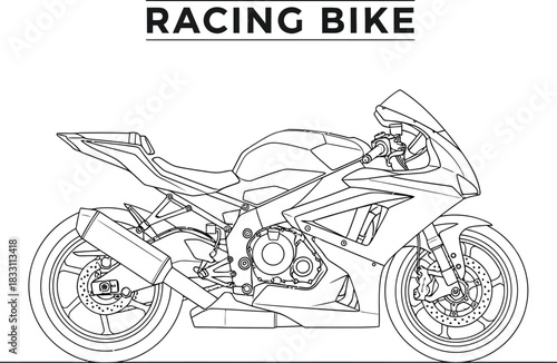 Detailed line art illustration of a modern racing bike on a white background