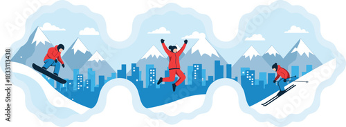 Snowboarder and skier in red outfits with city and snowy mountains background winter