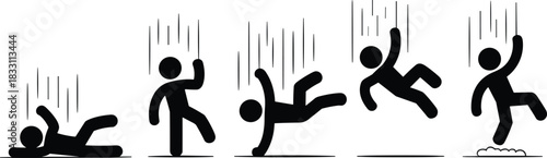 Teamwork concept illustration of stick figures bridging a gap, human chain connecting cliffs, support and leadership symbol, black vector silhouette