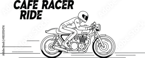 Line art illustration of a cafe racer motorcycle with rider on a white background