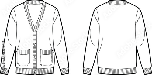 Technical fashion flat vector illustration of a long-sleeved button-front cardigan sweater with V-neck and patch pockets, showing front and back views, used for clothing design, apparel specification,
