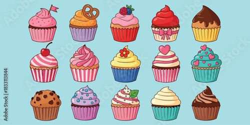 Cupcake collection, colorful frosting, dessert decoration, sweet treats, party snacks, bakery inspiration, cartoon style, flat vector illustration, cupcakes set