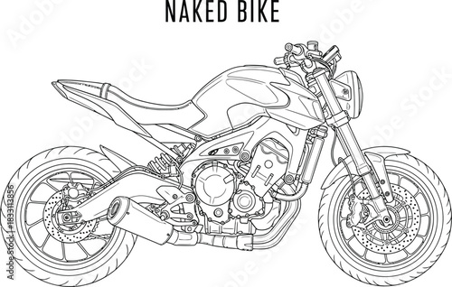 Detailed line art illustration of a modern naked bike motorcycle design style