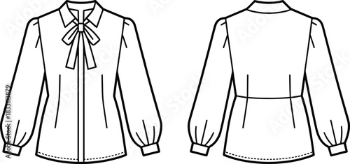 Women's blouse technical drawing, fashion flat sketch with bow tie neck, long sleeves, front and back view, vector template for clothing design, apparel illustration