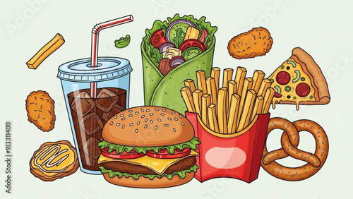 Colorful Hand-Drawn Fast Food Illustration – Burgers, Fries, Wraps & Drinks