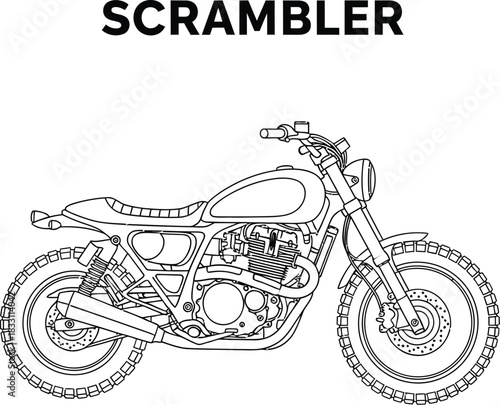 Detailed line art illustration of a classic scrambler motorcycle on white background