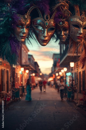 Vibrant Masks Adorn a Charming Street at Sunset in a Festival Setting