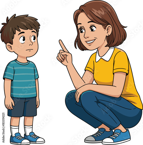 Cartoon illustration of an attentive young boy listening to an adult woman (mother or teacher) who is squatting down to his level and speaking with a focused point, representing communication, guidanc
