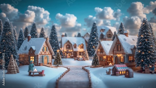 Charming Winter Village Scene With Snow-Covered Cottages and Festive Decorations at Dusk