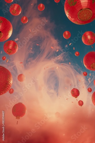 Bright Red Lanterns Decorate the Festival Space for Cultural Celebration in Evening Light