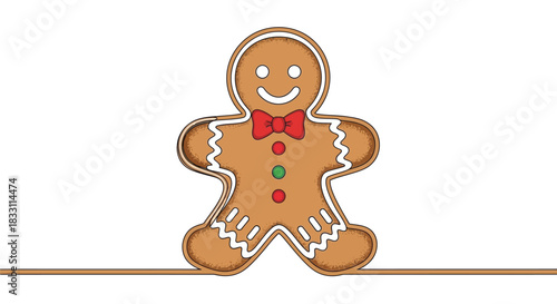 Smiling gingerbread man with a red bow tie on a white holiday background