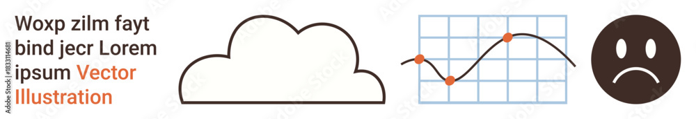 Fototapeta premium Data analysis, weather forecasts, emotional states, business trends, statistics, decision-making. Cloud icon, data graph with points sad face emoticon. Data analysis and emotional states concept